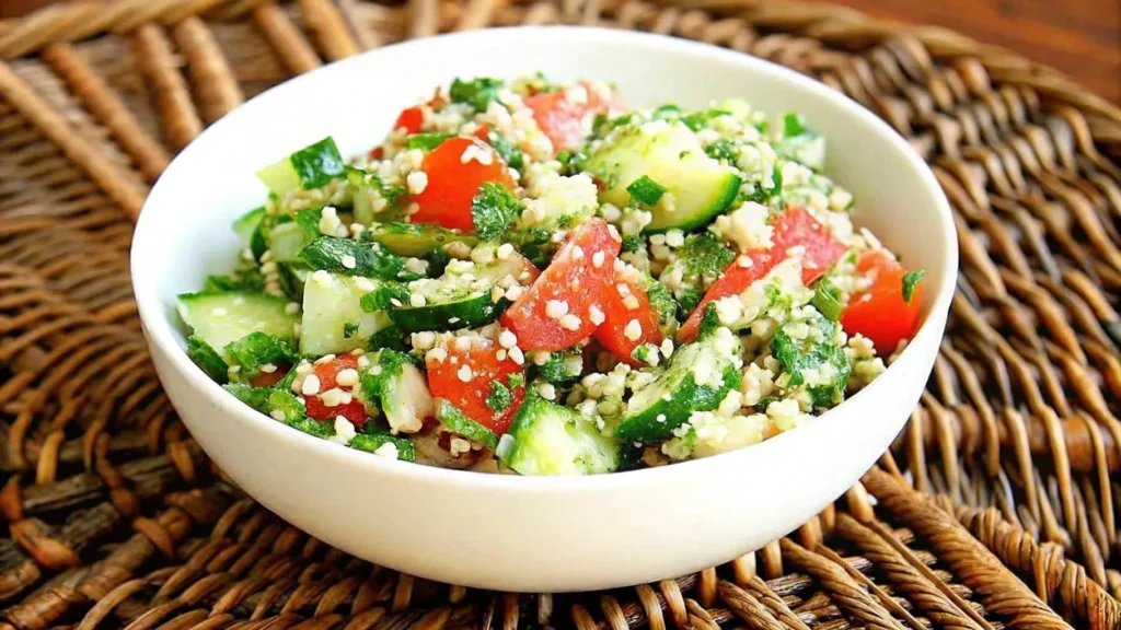 Bowl of fresh cucumber and tomato quinoa salad with lime dressing.