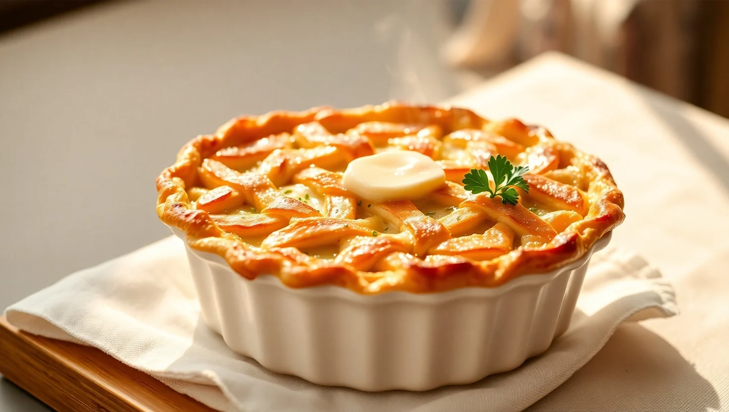 Golden chicken pot pie with flaky crust and creamy filling.