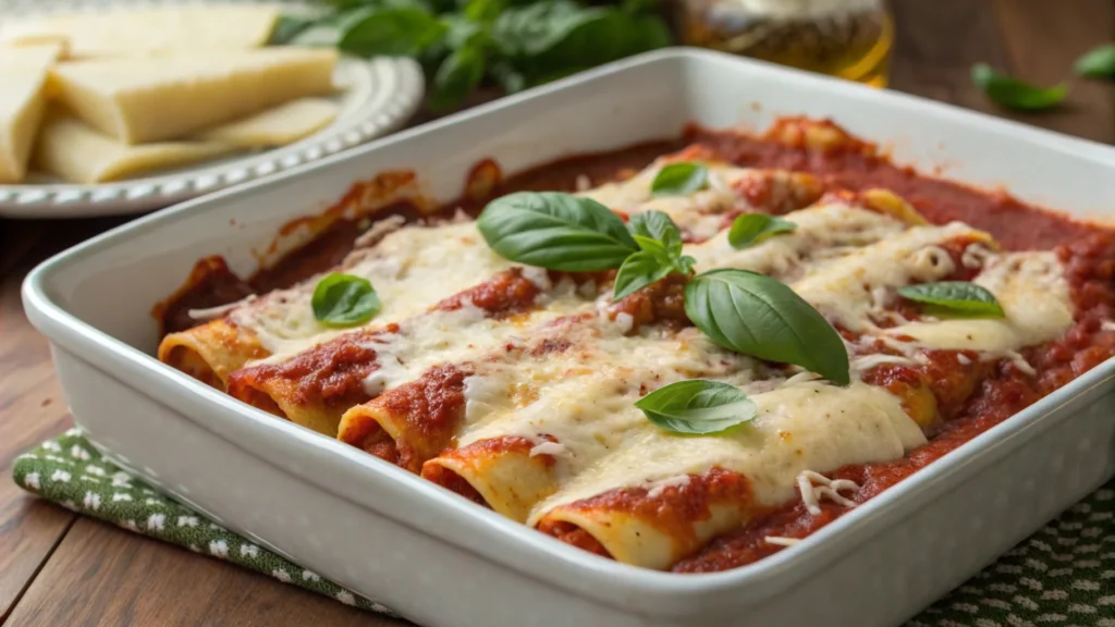A baking dish filled with manicotti stuffed with melted cheese and smothered in marinara sauce, topped with fresh basil leaves.