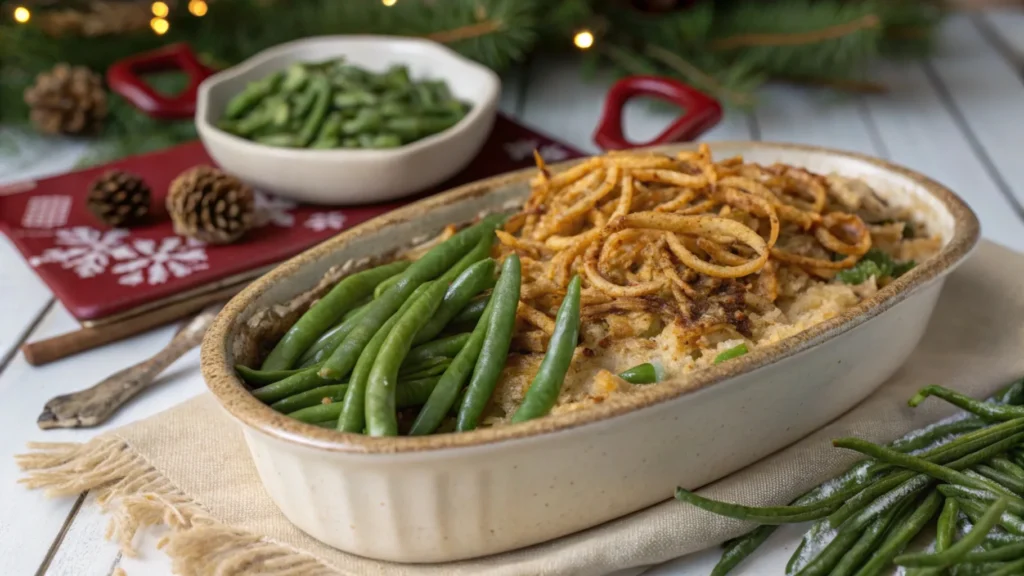 A freshly baked green bean casserole in a rustic ceramic dish, topped with crispy golden fried onions, surrounded by fresh green beans and festive holiday decor.