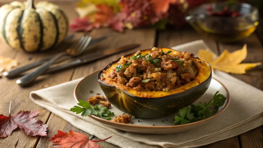 A beautifully plated sausage-stuffed acorn squash half, filled with a golden-brown sausage mixture and garnished with fresh herbs, placed on a rustic wooden table surrounded by autumn leaves.