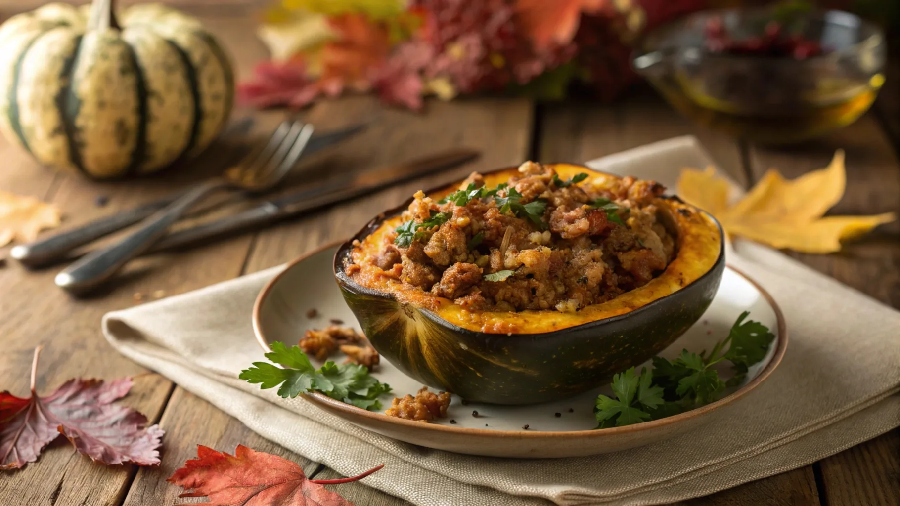 A beautifully plated sausage-stuffed acorn squash half, filled with a golden-brown sausage mixture and garnished with fresh herbs, placed on a rustic wooden table surrounded by autumn leaves.