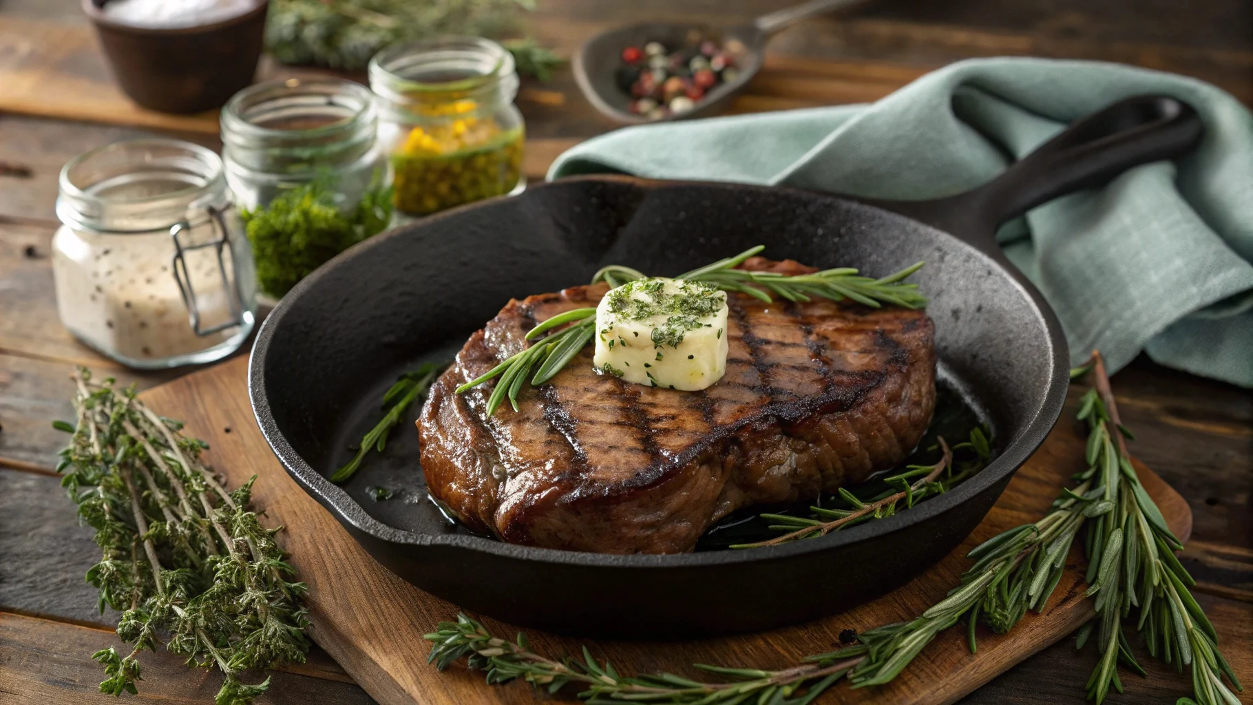 Juicy cast iron skillet steak with herb butter and rosemary.