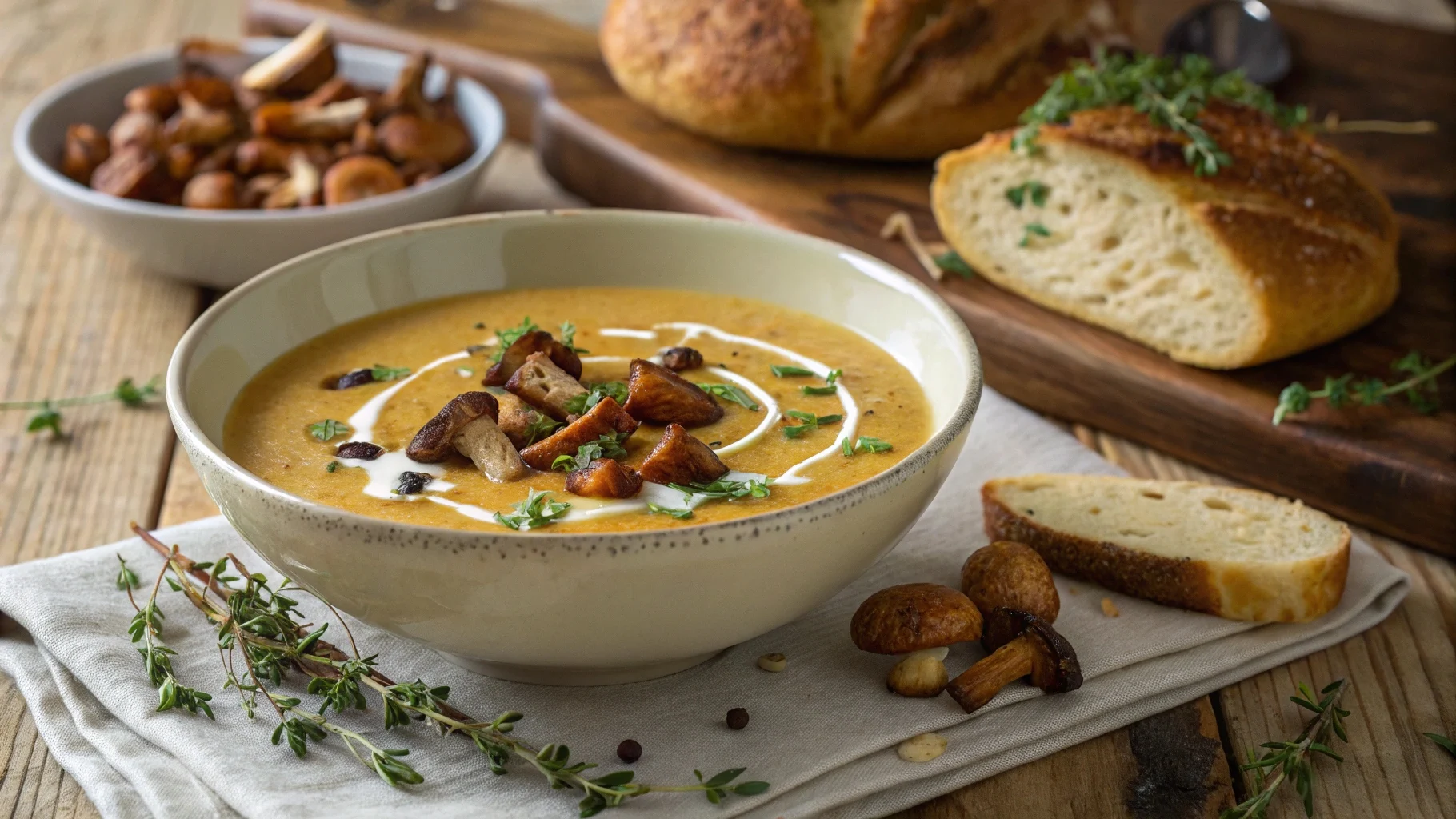 Bowl of creamy wild chanterelle mushroom soup garnished with sautéed mushrooms and thyme.