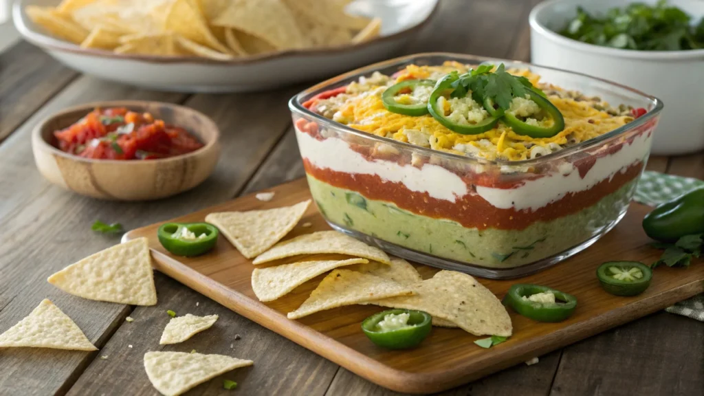 A vibrant 7 Layer Dip with tortilla chips.