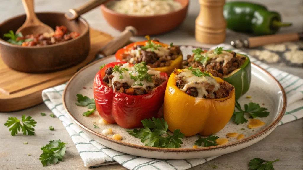 Stuffed bell peppers with melted cheese and beef filling on a plate.