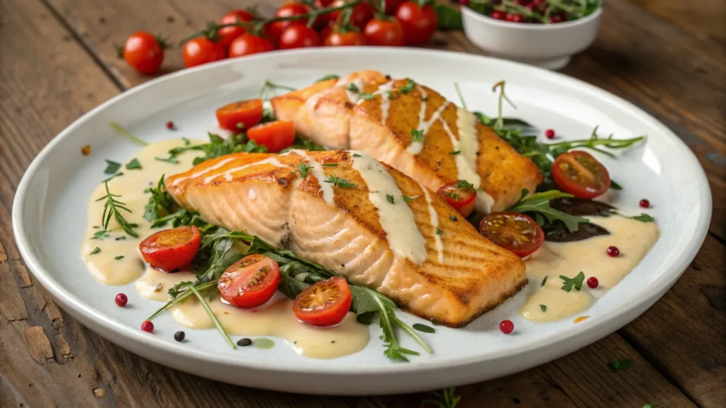 A beautifully plated dish of seared salmon topped with creamy sauce, surrounded by burst cherry tomatoes and fresh herbs, served on a rustic wooden table.