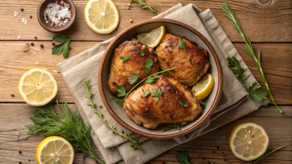 Golden-brown baked chicken thighs garnished with fresh herbs and lemon slices, served on a rustic wooden table.