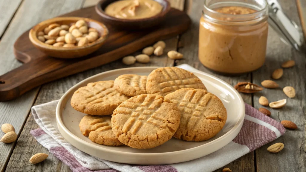 Plate of peanut butter cookies with crisscross patterns.