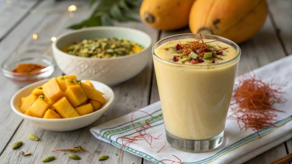 A glass of homemade mango lassi topped with pistachios and saffron.