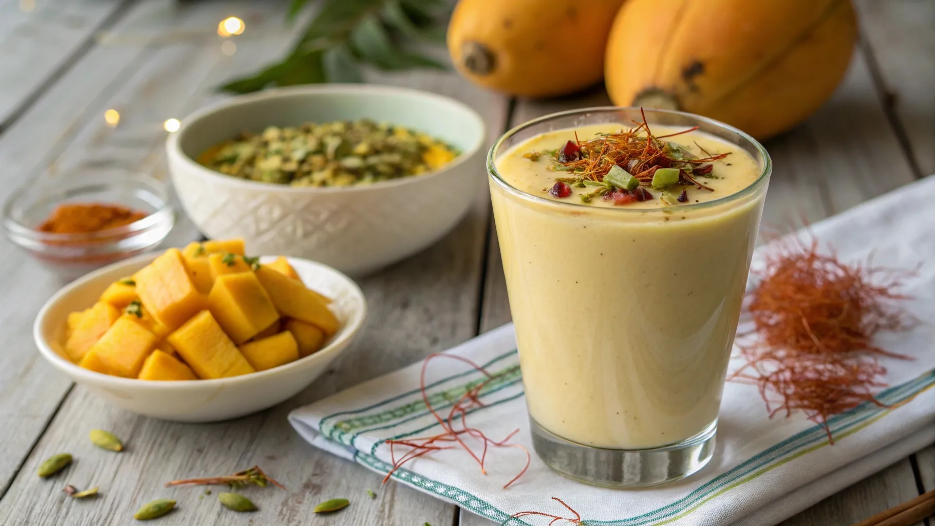 A glass of homemade mango lassi topped with pistachios and saffron.