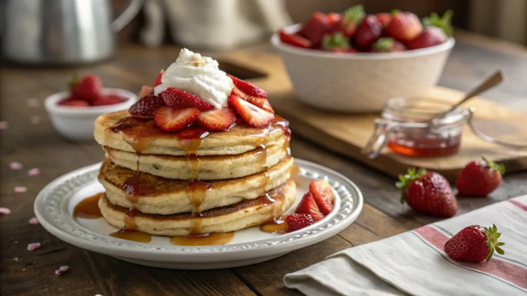 Stack of fluffy strawberry vanilla pancakes topped with fresh strawberries and syrup.