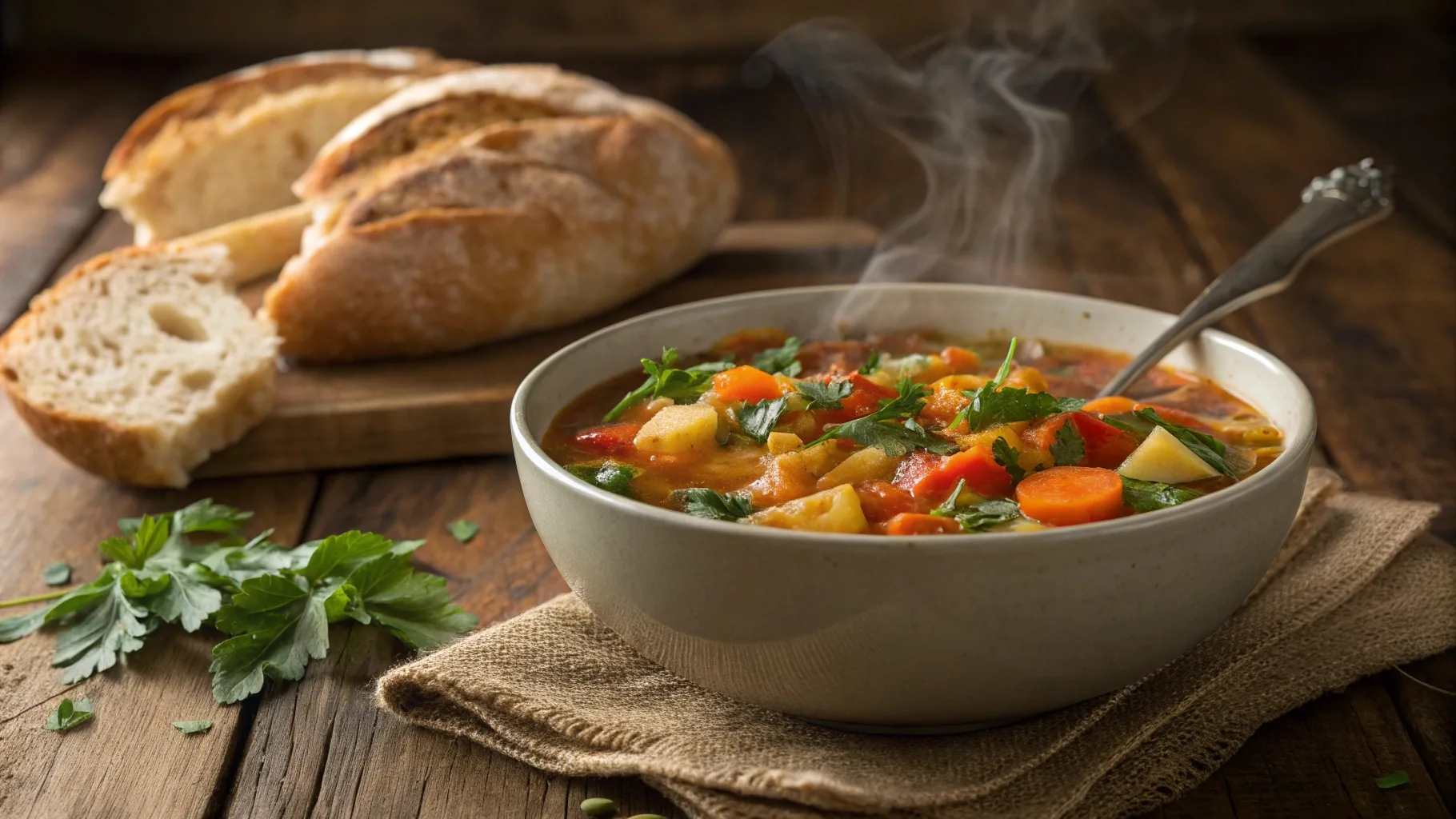 Steaming bowl of chunky vegetable soup with fresh herbs on top.