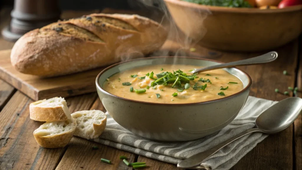 A warm bowl of 4 ingredient potato soup garnished with chopped chives and crispy bacon bits, served with crusty bread on a rustic wooden table