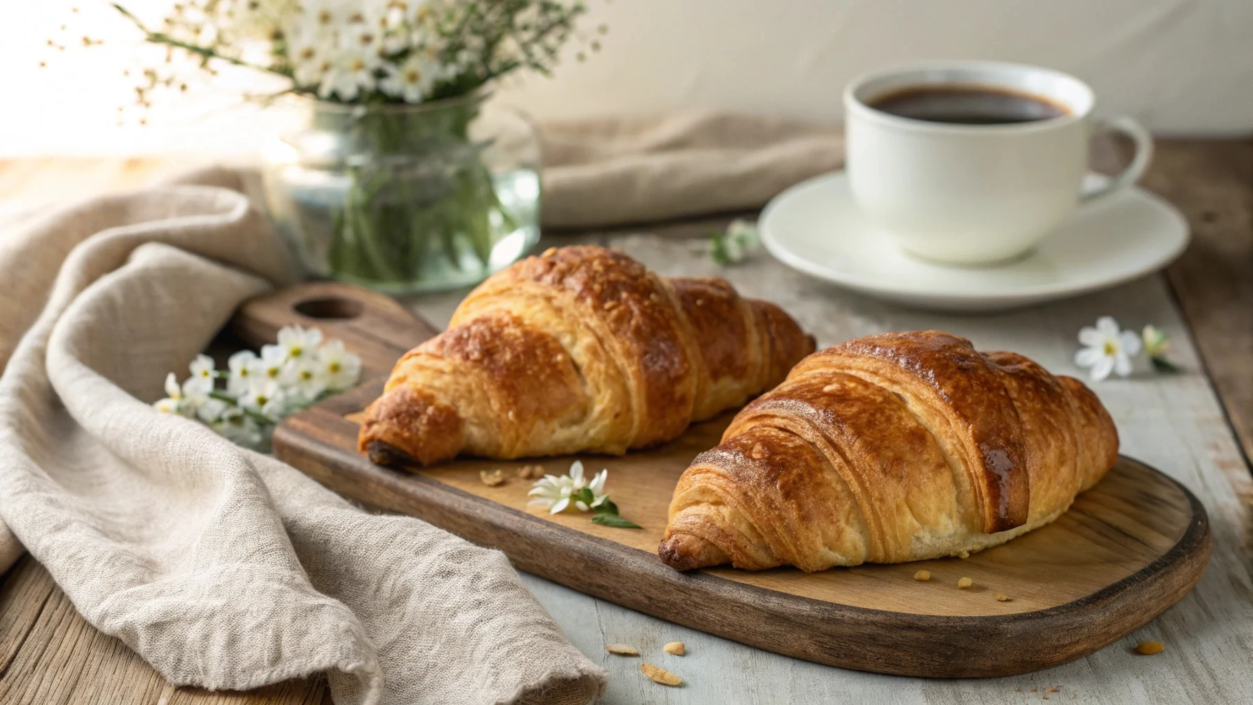 Golden brown Gipfeli with coffee.