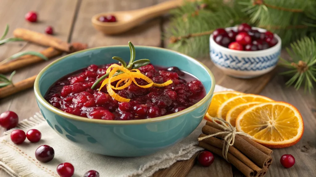 Bowl of cranberry sauce with orange zest garnish.