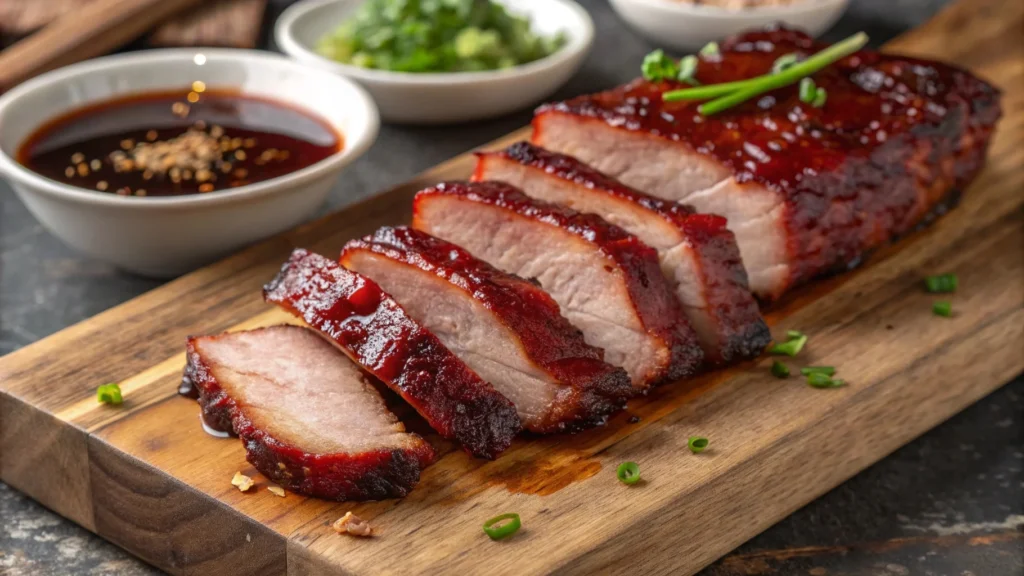 Sliced Chinese BBQ Pork on a wooden board.