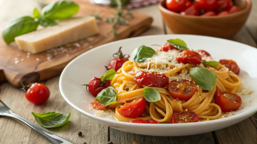 Cherry tomato pasta with basil and Parmesan on a wooden table.