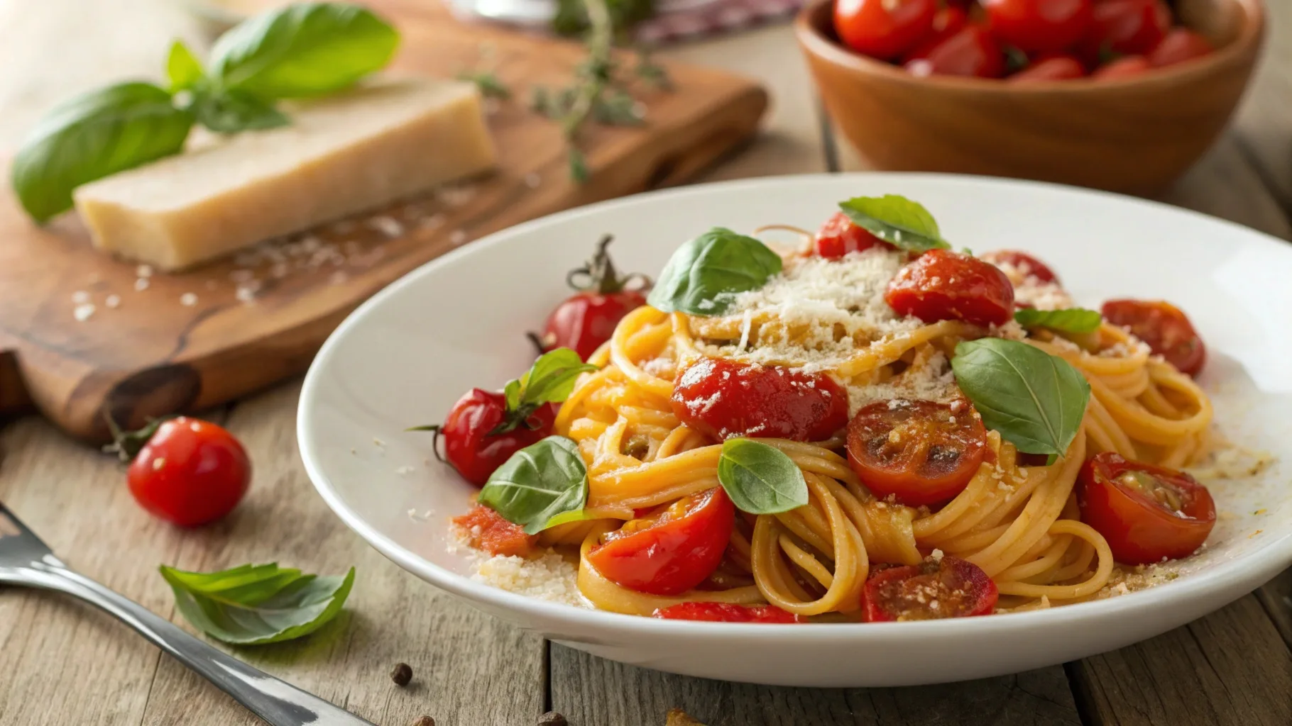 Cherry tomato pasta with basil and Parmesan on a wooden table.