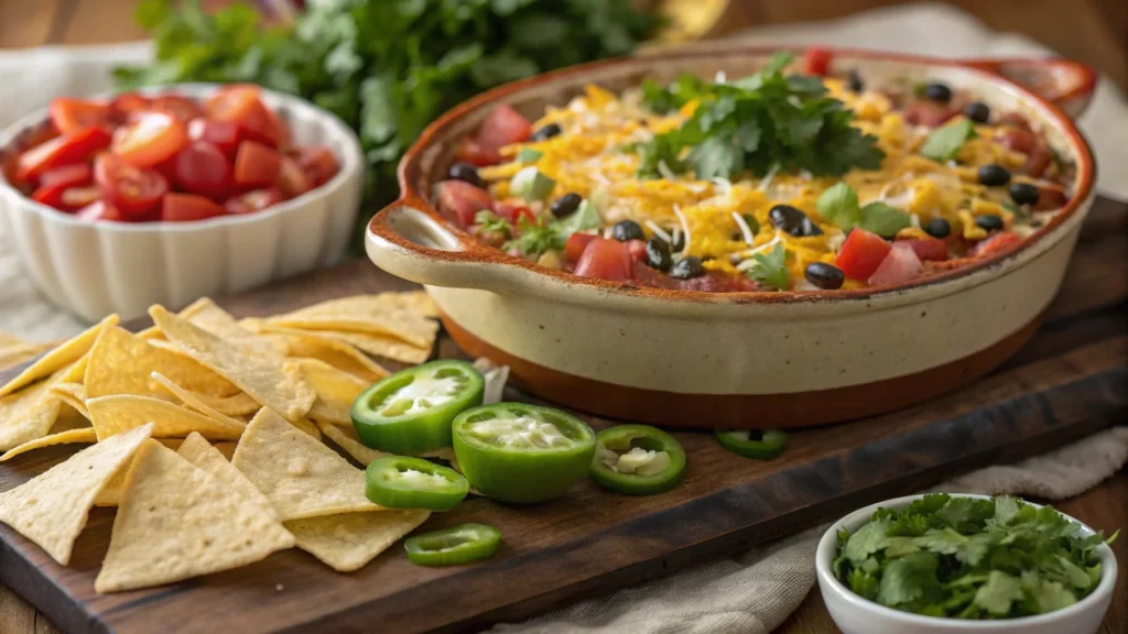 Delicious taco dip layered with cheese, tomatoes, and lettuce, served with tortilla chips.