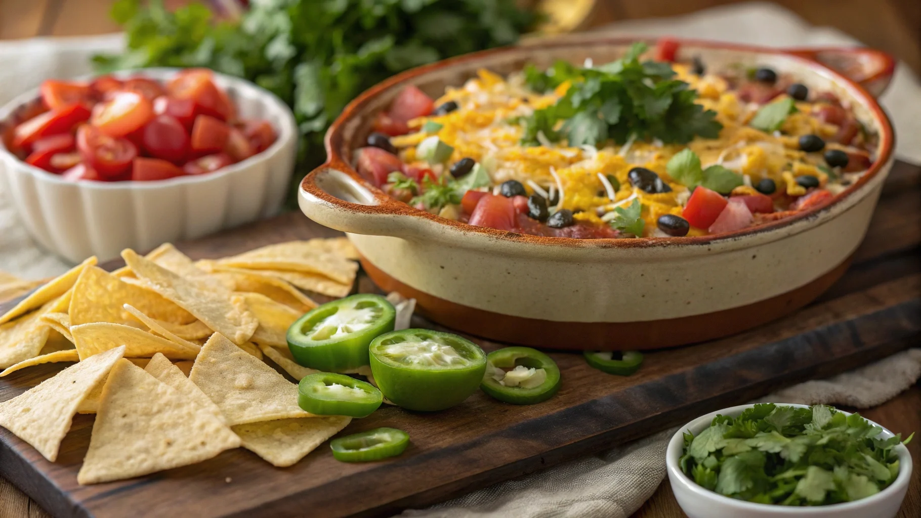 Delicious taco dip layered with cheese, tomatoes, and lettuce, served with tortilla chips.