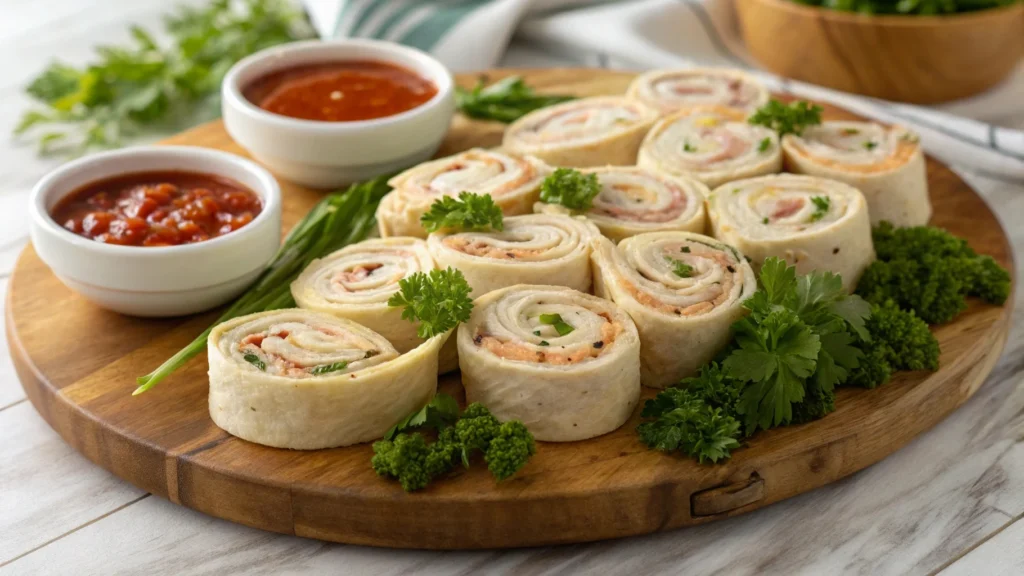 Platter of turkey pinwheels with fresh veggies and dips.