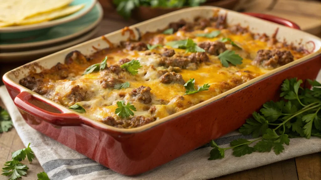 Cheesy sausage casserole in a baking dish.