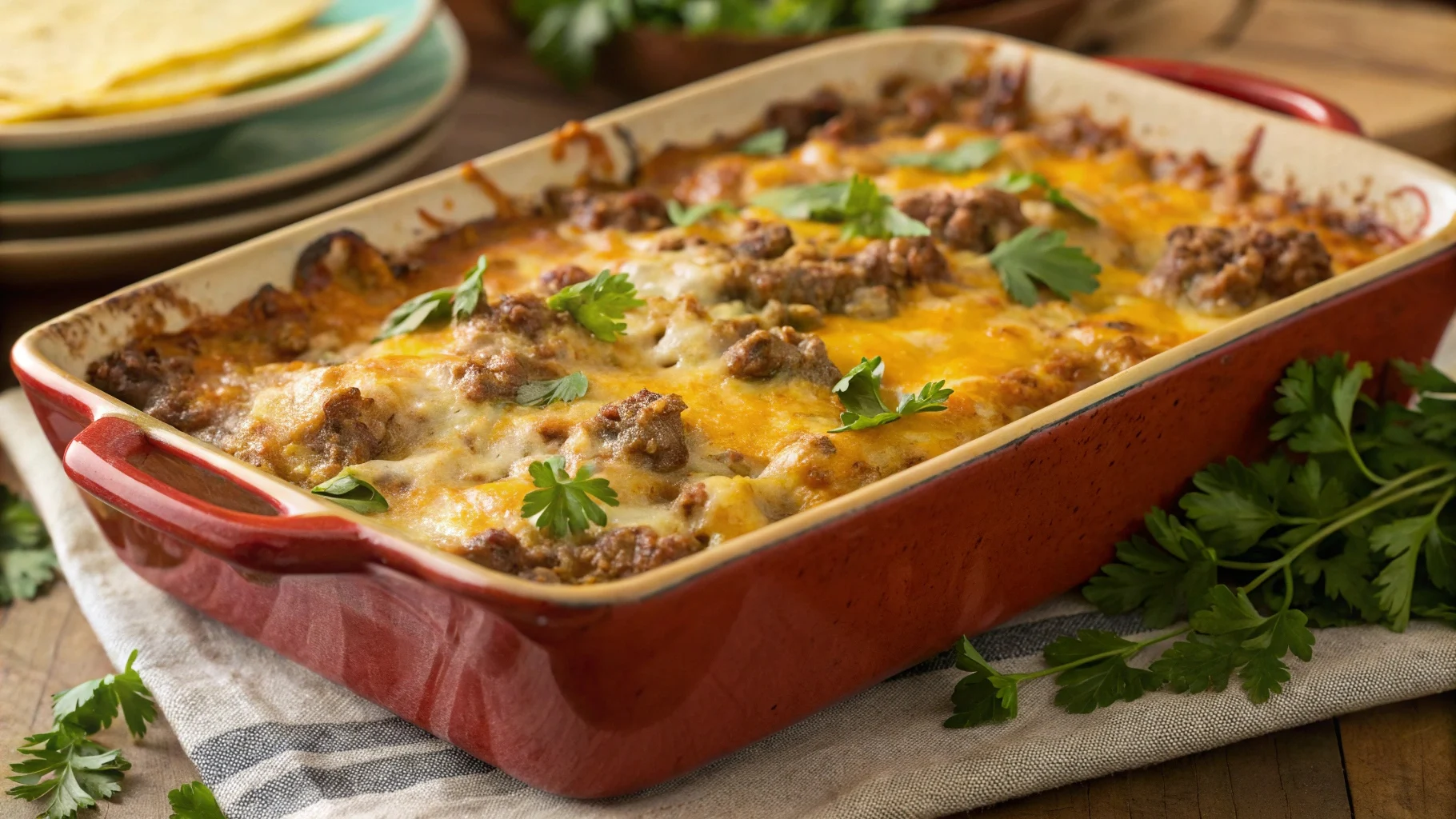 Cheesy sausage casserole in a baking dish.