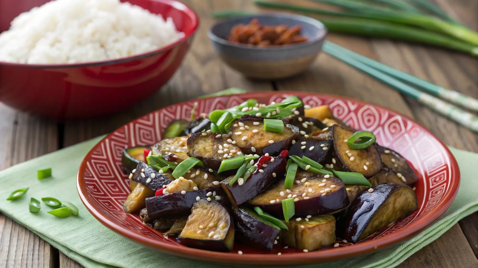 Eggplant stir fry with garlic sauce, garnished with sesame seeds and green onions, served with rice.