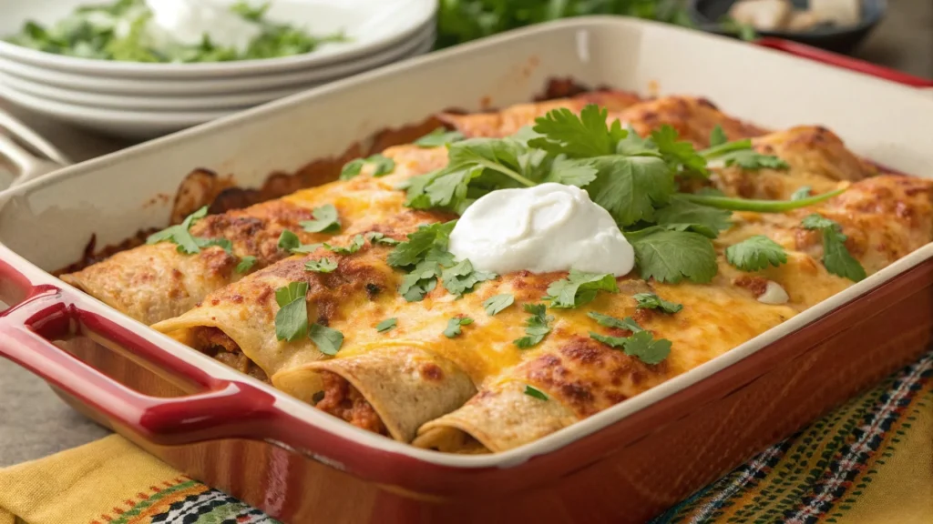 Baking dish with cheesy chicken enchiladas, topped with cilantro.