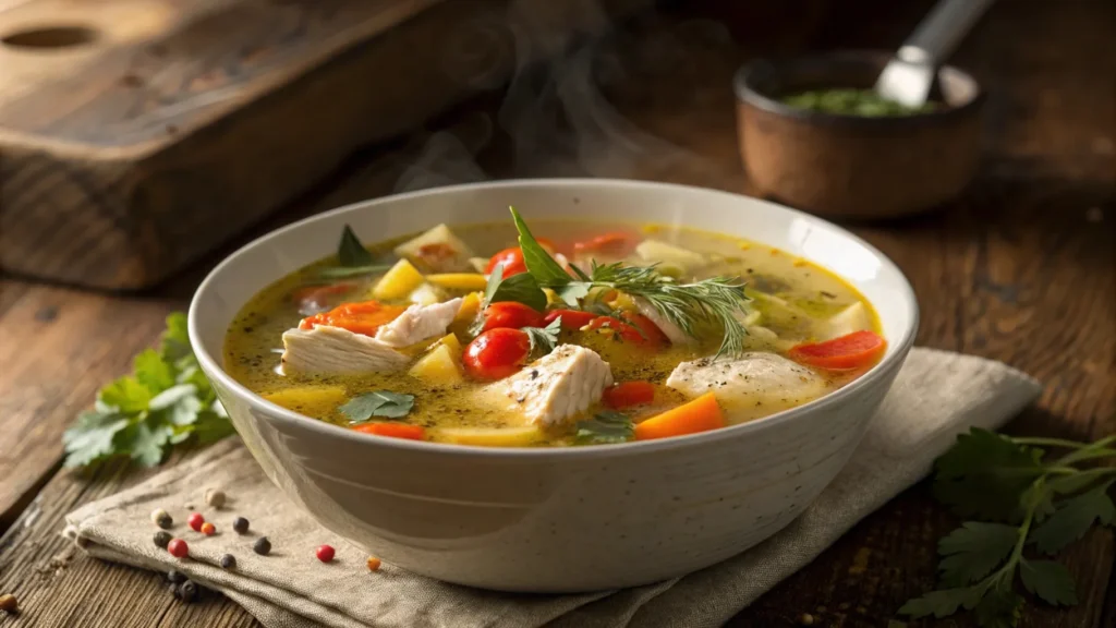 A steaming bowl of soup with vibrant vegetables, tender chicken, fresh herbs, and a rich broth placed on a rustic wooden table.