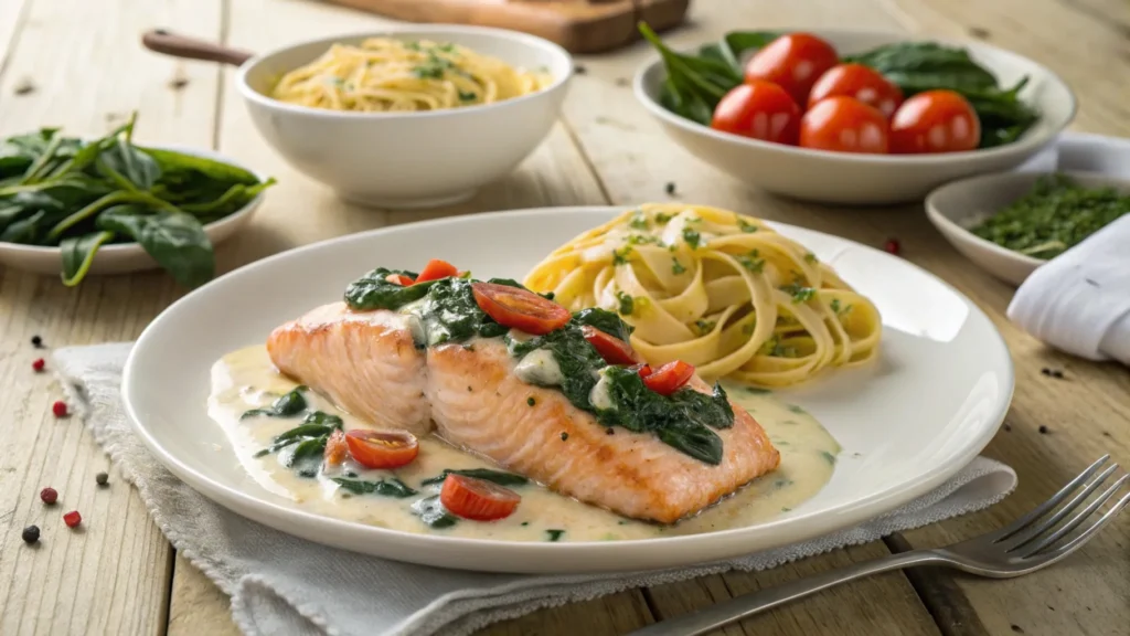 A beautifully plated dish of creamy Tuscan salmon with tomatoes and spinach, served with a side of pasta and garnished with fresh parsley.
