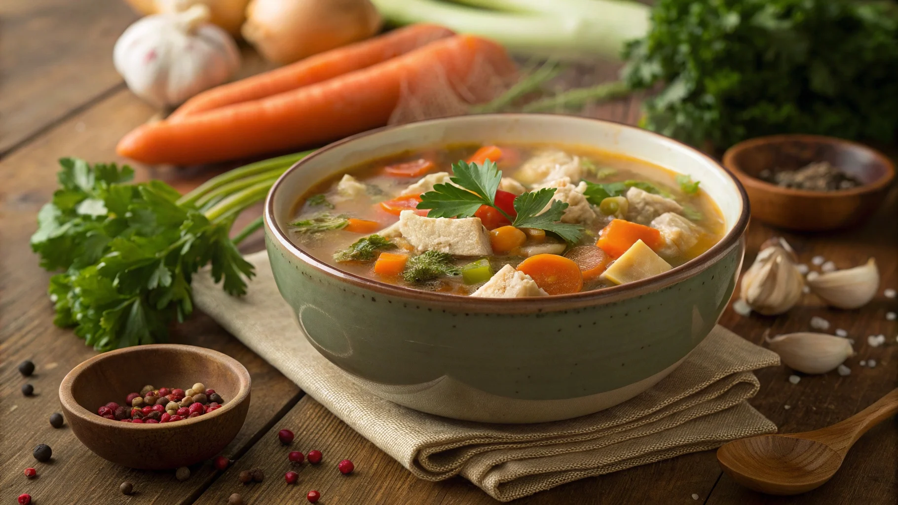 Bowl of turkey vegetable soup with fresh parsley.