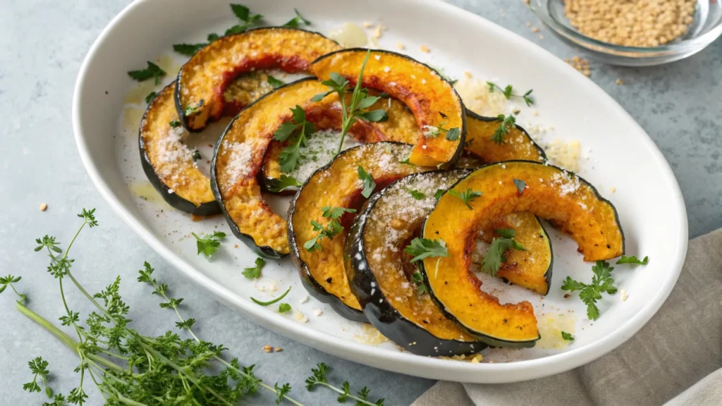 Plate of Savory Herb Roasted Acorn Squash (With Parmesan), garnished with fresh thyme and rosemary on a rustic wooden table.