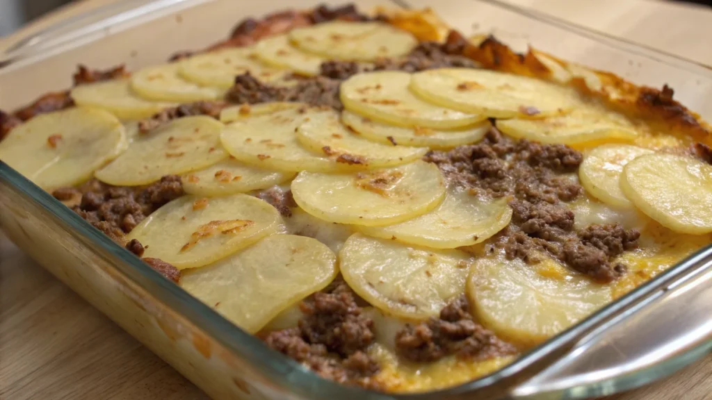 Ground beef potato casserole topped with melted cheese.