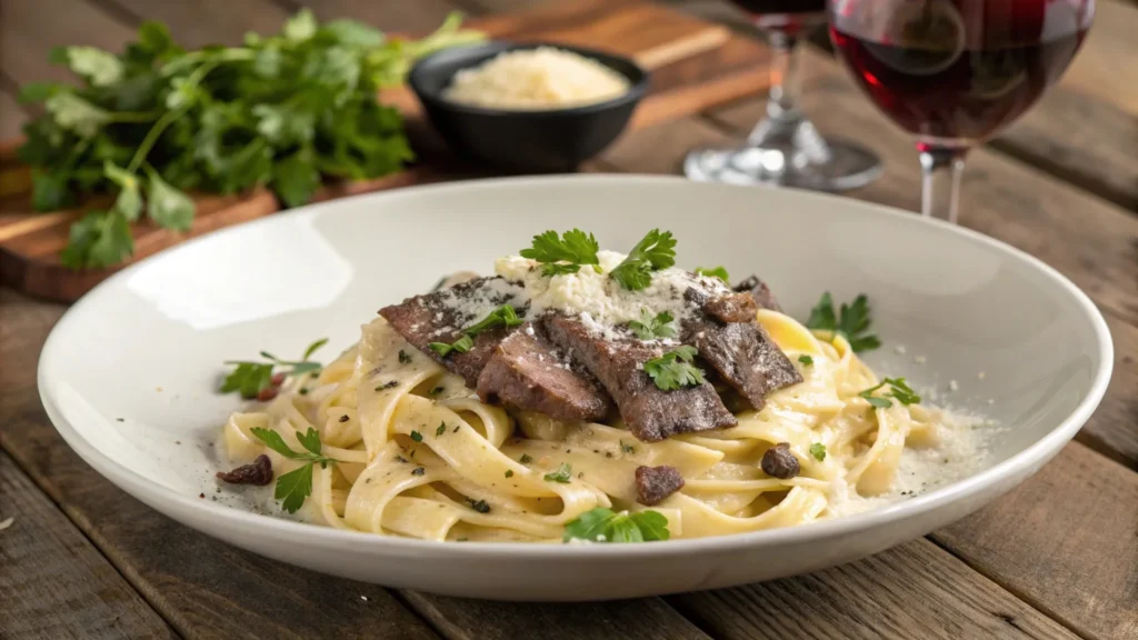 Creamy steak pasta topped with sliced steak, parsley, and parmesan.