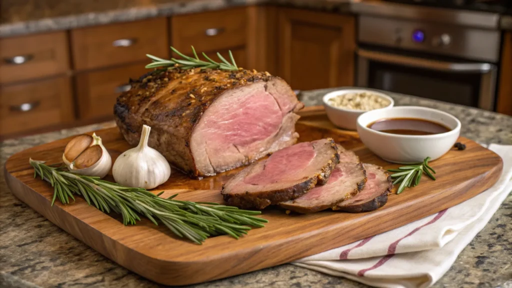A perfectly roasted prime rib on a wooden carving board, surrounded by fresh rosemary sprigs, garlic cloves, and a bowl of savory gravy, set in a warm and inviting kitchen.