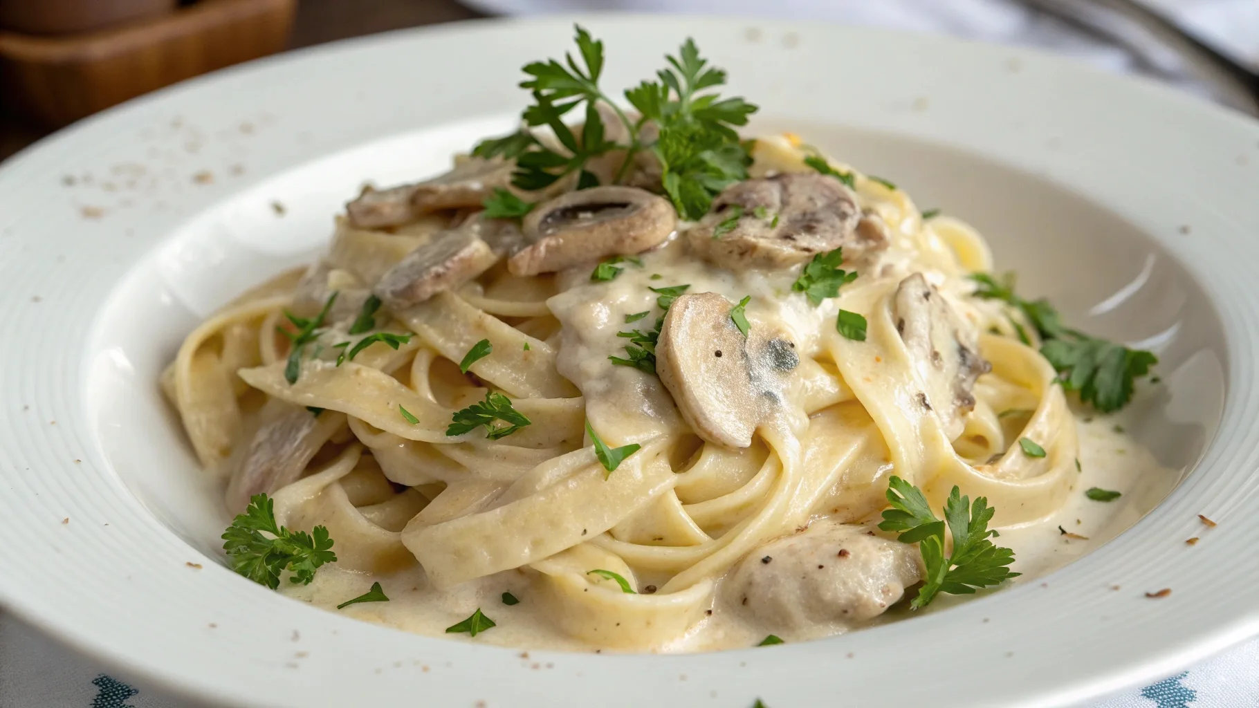 Creamy Lion’s Mane Mushroom Pasta served on a white plate with parsley garnish.