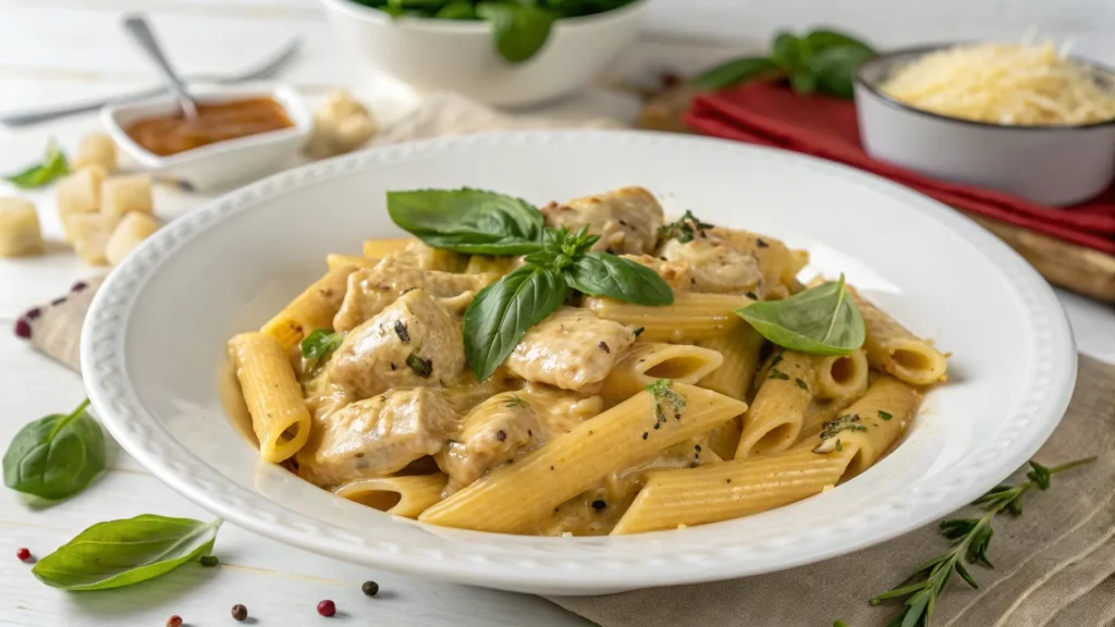 Marry me chicken pasta in creamy sauce topped with basil.
