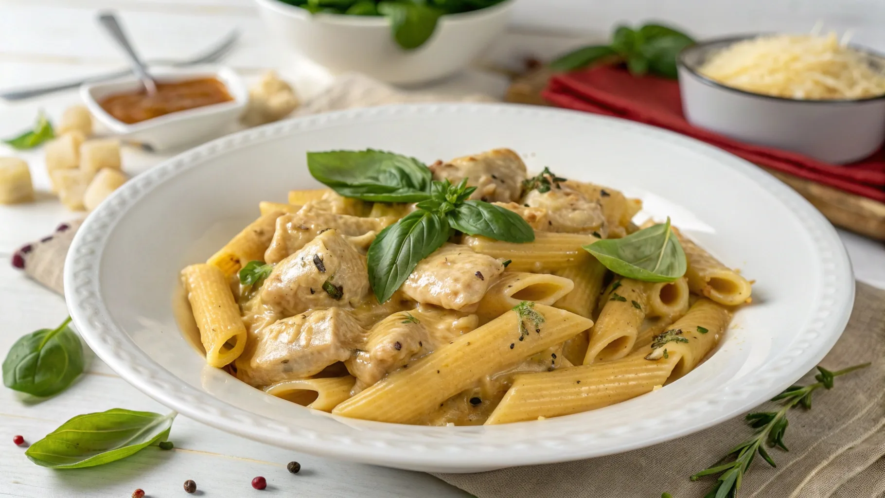 Marry me chicken pasta in creamy sauce topped with basil.