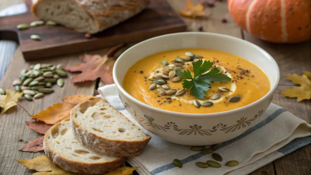 A cozy bowl of butternut squash soup garnished with toasted pepitas and fresh parsley, served with crusty bread on a rustic wooden table