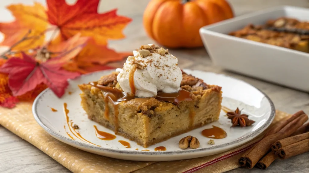 Pumpkin bread pudding topped with whipped cream and caramel drizzle.