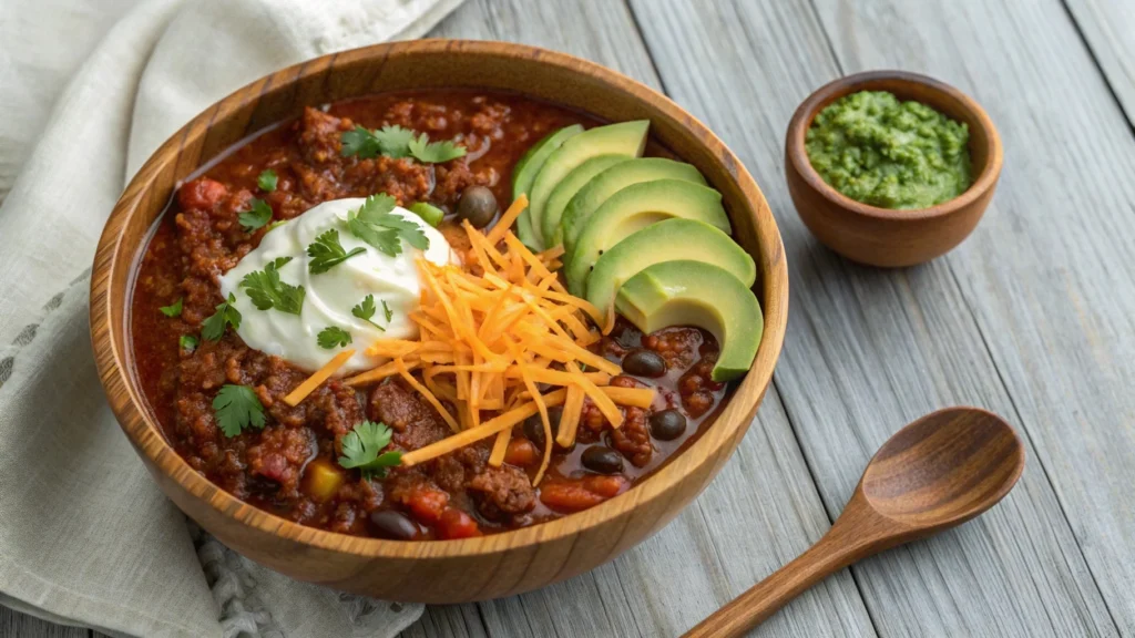 Bowl of beef chili topped with cheese and cilantro