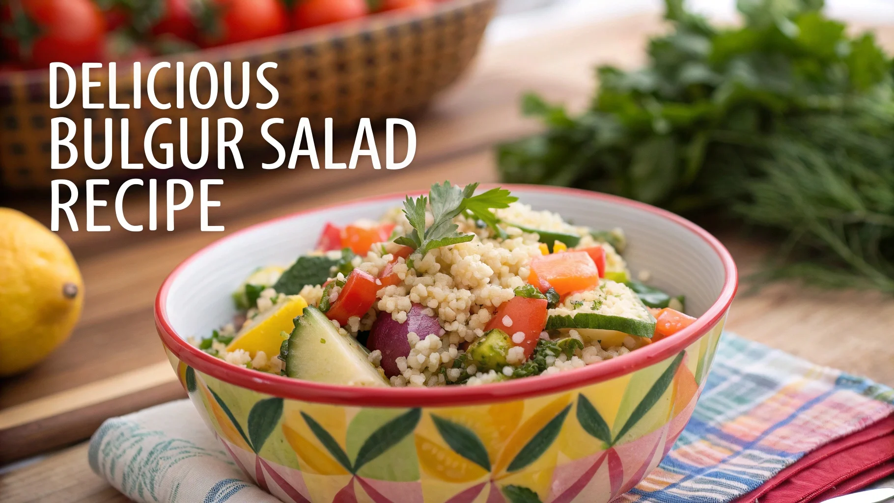 Colorful bowl of bulgur salad with fresh vegetables and herbs.