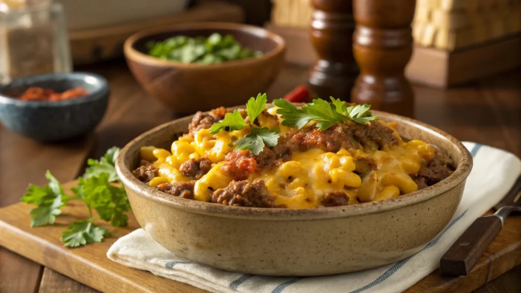 Cheesy mac with ground beef casserole topped with golden breadcrumbs.