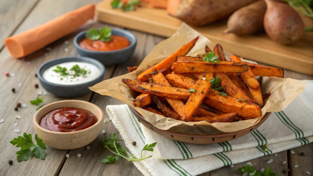 Golden-brown sweet potato fries served with dipping sauces.