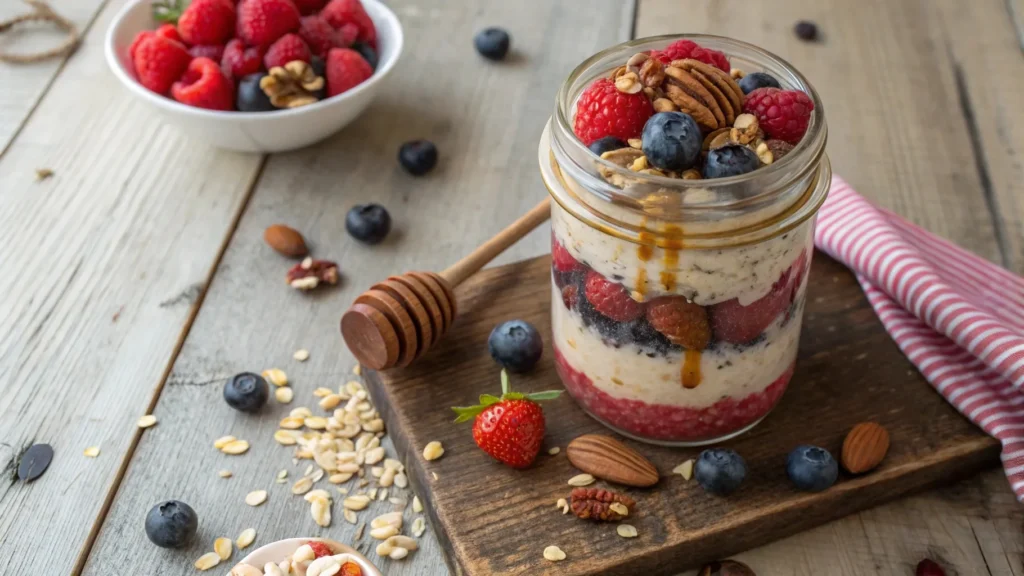 A jar of colorful overnight oats with berries, nuts, and honey.