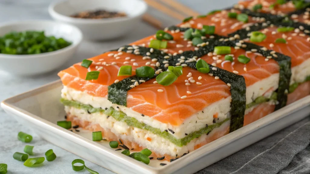 Layered Sushi Cake with Sesame Seeds