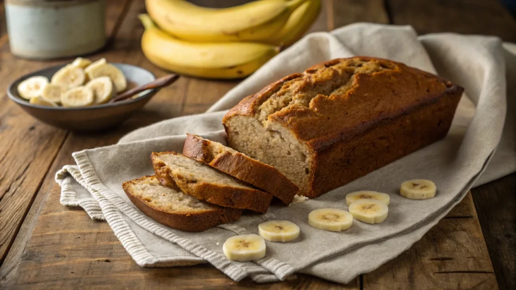 Freshly baked banana bread loaf on a wooden table with bananas.
