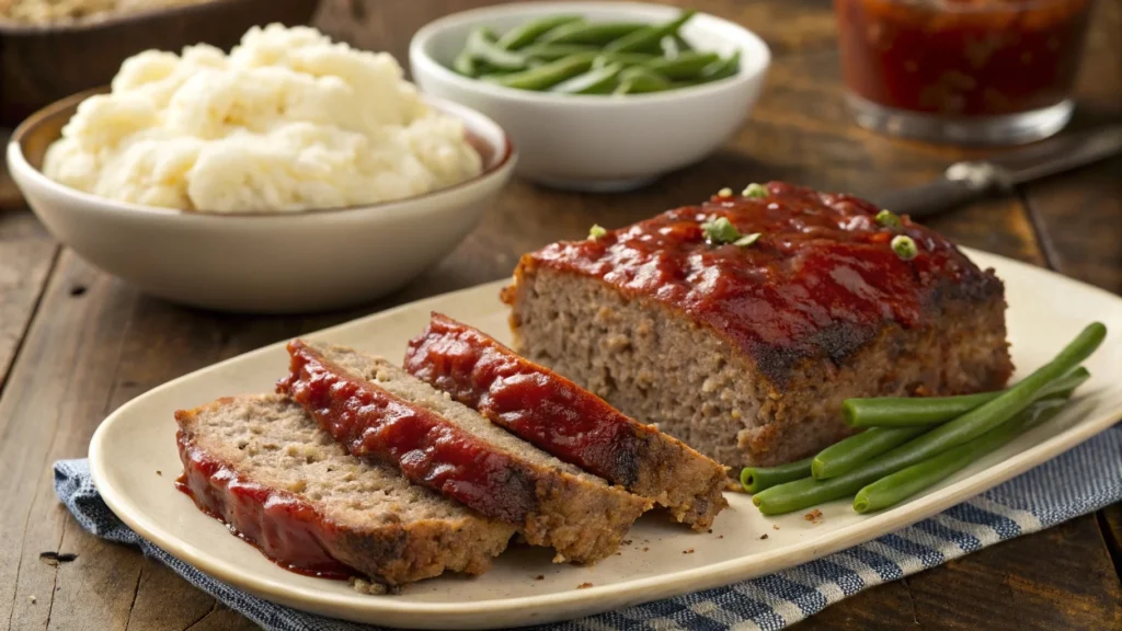 Freshly sliced meatloaf with a glossy ketchup glaze.